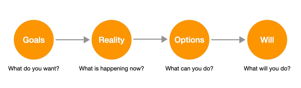 Goals - What do you want?
Reality - What is happening now?
Options - What can you do?
Will - What will you do?